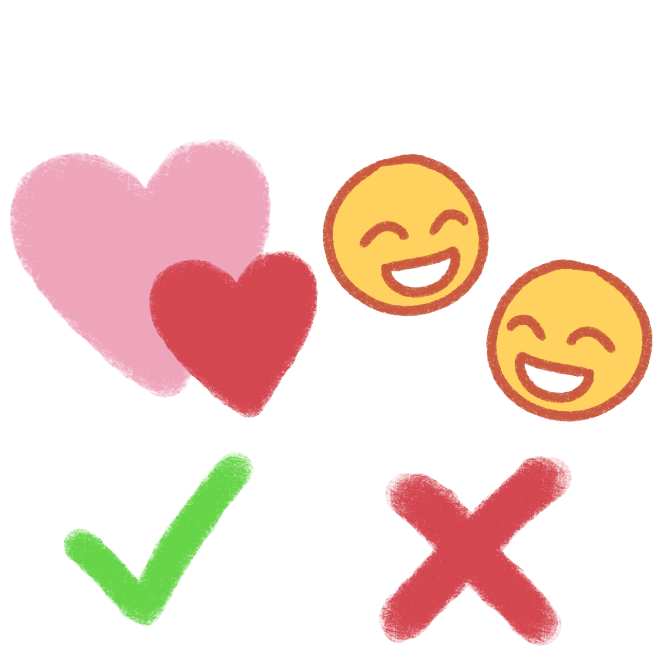 on the left is a pink heart overlayed with a red heart, over a green check mark. on the right is two smiling yellow emoji faces facing each other, over a red x.